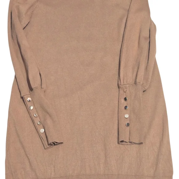 Melanie Lyne Camel Turtleneck Sweater Knit Dress  Gold Button Cuff Size Small - Picture 6 of 8